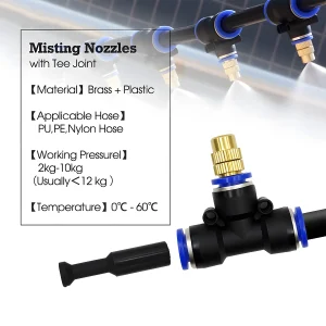 Brass Misting Nozzle with Tee Adapter Adjustable Atomizer Sprayer Outdoor Garden Irrigation Watering 6/8/10/12/14/16mm PE Tubing