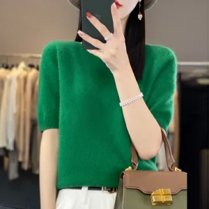 First-line ready-to-wear 100% Merino wool knitted short-sleeved women's loose solid color slim commuter five-point cuff T-shirt