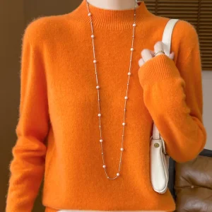 Women's Elegant Basic Style Pullover 100% Merino Wool Knitwear Autumn Winter Warm Solid Casual Loose Exquisite Clothing Tops