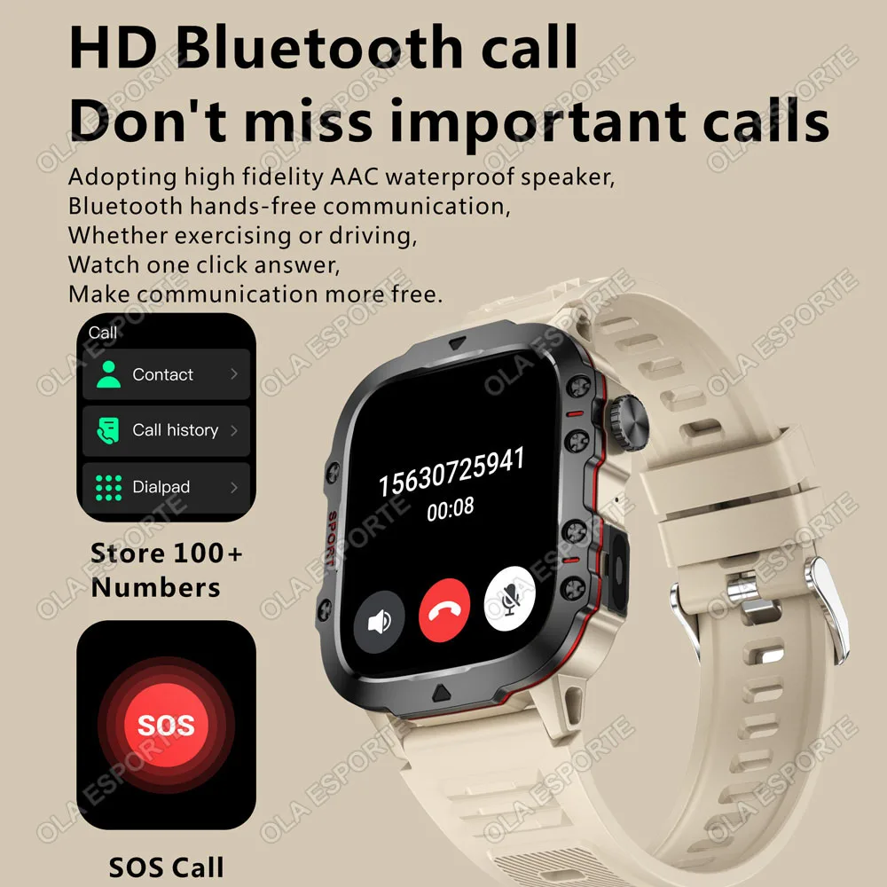 2026 Rugged Military Smart Watch Men's Watch 2.01Inch HD Touch Screen Voice Bluetooth Call LED Flashlight Outdoor Smartwatch Man - Image 3