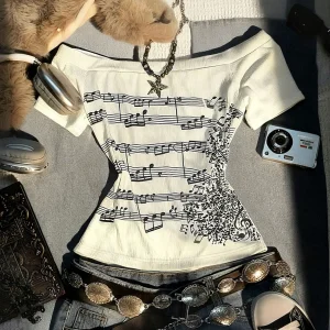 Women's Retro Off-Shoulder Long-Sleeved Slim-Fit T-Shirt, Adorned With Musical Note Print, Fashionable, Y2K Retro Style, High-Qu
