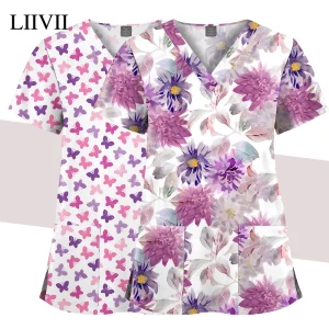 Surgical Uniform Printing Holiday Beautiful Shirt V-neck Style Pocket Design Blouse Surgical Top Woman Men Nurse Medical Uniform
