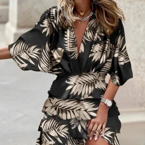 Women's Sport Dress V-Neck Loose Batwing Sleeve Elastic Waist Printed Dress Mini Casual Ruffle Hem Dresses