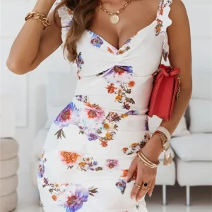 Sexy Dresses for Women Date Night - V-Neck Sleeveless Ruffle Floral Printed Sundress Casual Bodycon Dress