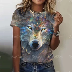 New T-shirt For Women Wolf Print Tees O Neck Loose Short Sleeve Blouse Female Fashion Animal Graphic Tops Harajuku Streetwear