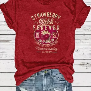 Harajuku Strawberry Fields Forever Letter Print Women T Shirt Short Sleeve Crew Neck Summer Casual Top for Women Clothes Shirts