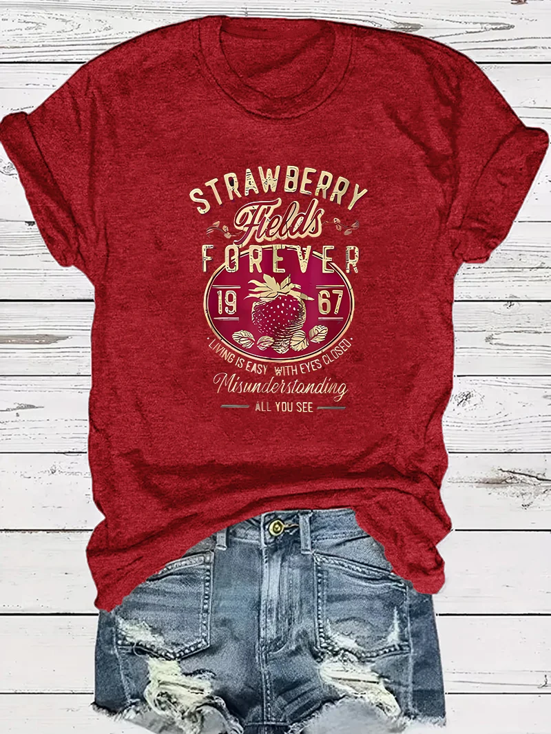 Harajuku Strawberry Fields Forever Letter Print Women T Shirt Short Sleeve Crew Neck Summer Casual Top for Women Clothes Shirts - الصورة 6