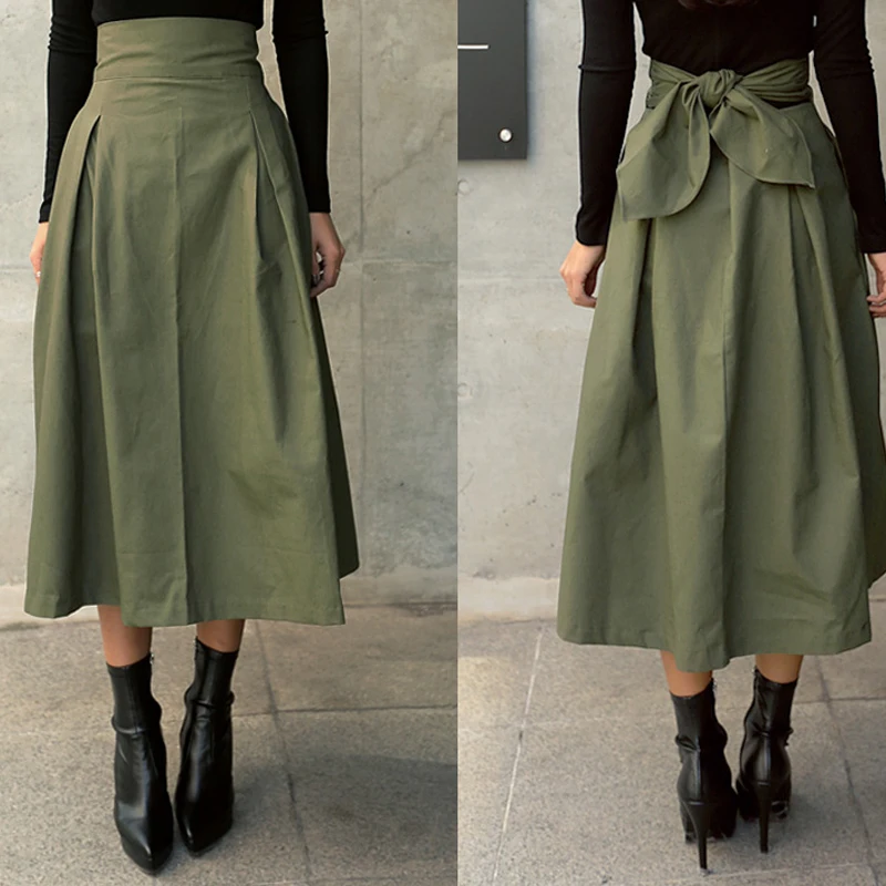 Skirts Womens Korean Fashion Solid Color Big Swing Ladies Skirt Long Skirt 2025 Autumn Wild High Waist Bow Slim Skirts - Image 6