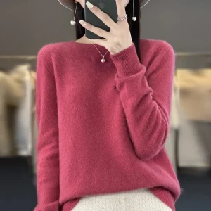 Autumn Winter 100% Merino Wool cashmere Sweater O-Neck Long Sleeve Cashmere Women Knitted Pullover Clothing Top