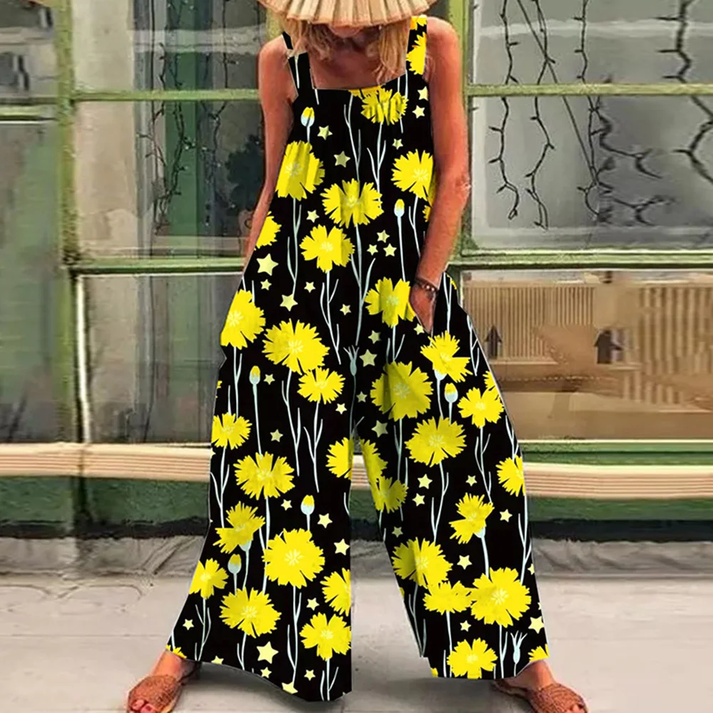 Loose casual lazy wind oversize print suspenders one-piece pants 2024 summer new straps broad leg one-piece pants woman - Image 2
