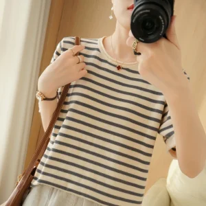 Pure Cotton Round Neck T Shirt For Women Summer Korean Style Loose Large Size Casual Short Sleeve Striped Top Base Shirt Blouse.