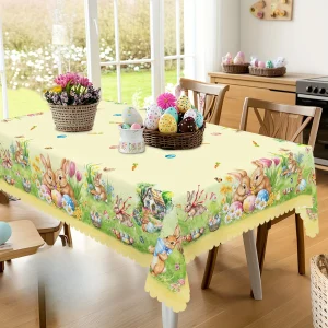 Easter Bunny Eggs Flowers Tablecloth for Table Decor Spring Tulip Daisy Floral Rectangle Dining Table Cloth Easter Decorations