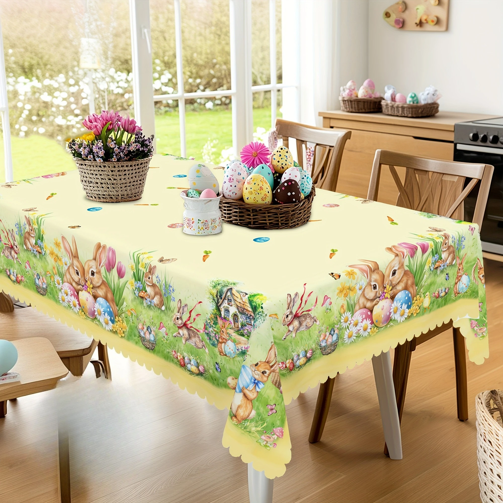 Easter Bunny Eggs Flowers Tablecloth for Table Decor Spring Tulip Daisy Floral Rectangle Dining Table Cloth Easter Decorations - Image 6