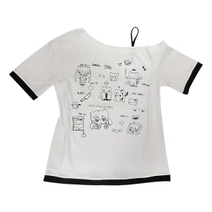 Japanese Y2k Subculture Cute T Shirt Off-shoulder White Short-sleeved Summer T-shirt Woman Cartoon Print Sweet Harajuku Tees