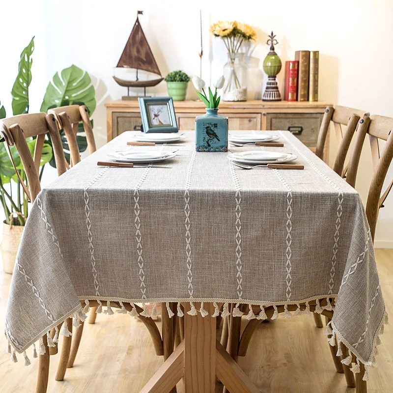 Cotton Linen Stripe Tassel Tablecloth Stain Resistant Dust-Proof Table Cover for Kitchen Dinning Tabletop Decoration Rectangular - Image 8