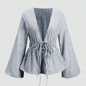 Striped Tie Bow Puff Sleeve Shirt