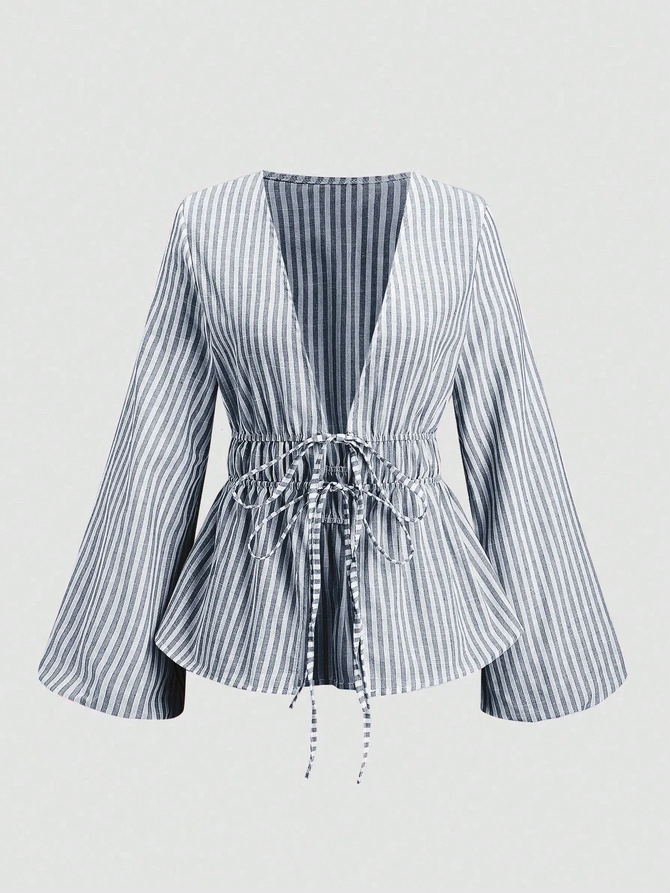 Striped Tie Bow Puff Sleeve Shirt - Image 8