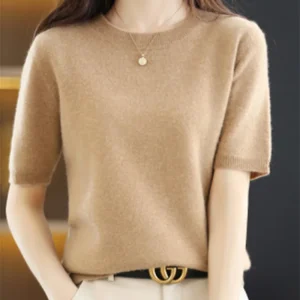 Spring and Summer New Short-sleeved Women O-neck Slim Wool Cotton Blend Pullover Vest T-shirt Knitted Base Sweater