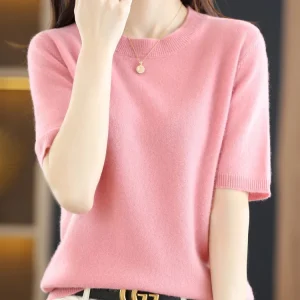 New Short-sleeved Knitwear Women O-neck T-shirt Wool Cotton Blend Pullover Vest Sprig Summer Bottoming Tops Sweater Solid Soft
