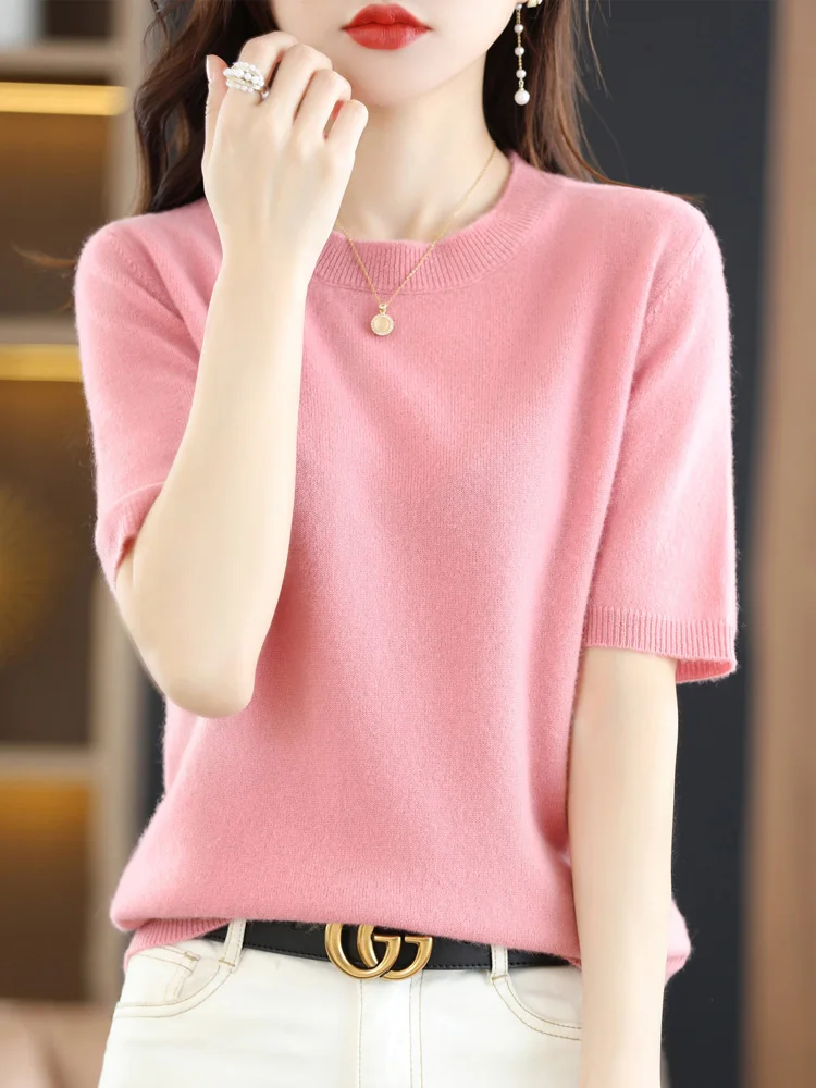 New Short-sleeved Knitwear Women O-neck T-shirt Wool Cotton Blend Pullover Vest Sprig Summer Bottoming Tops Sweater Solid Soft - Image 22
