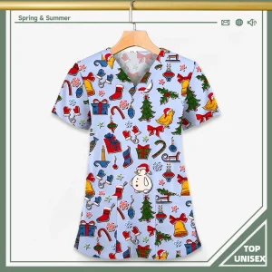 Surgical Uniform Printing Holiday Beautiful Shirt V-neck Style Pocket Design Blouse Surgical Top Woman Men Nurse Medical Uniform