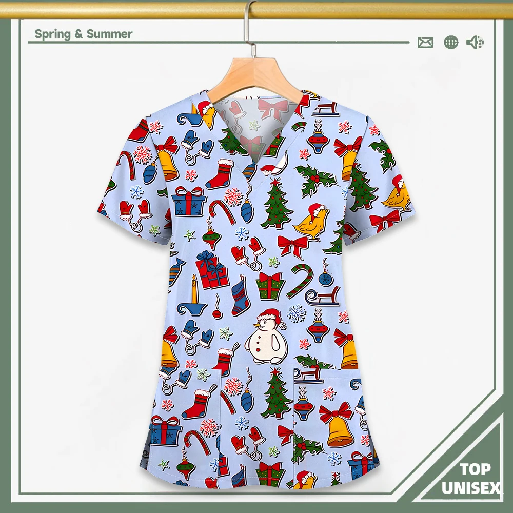 Surgical Uniform Printing Holiday Beautiful Shirt V-neck Style Pocket Design Blouse Surgical Top Woman Men Nurse Medical Uniform - الصورة 38