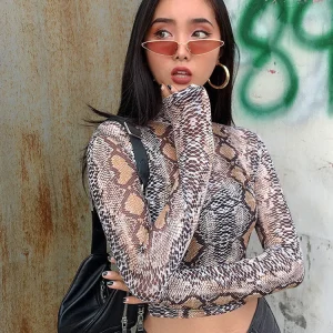 Casual Green Snake Print T Shirt Women Mesh Top Long Sleeve Transparent Snakeskin Female T-shirt High Neck Crop Tops