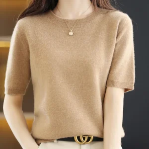 New Short-sleeved Knitwear Women O-neck T-shirt Wool Cotton Blend Pullover Vest Sprig Summer Bottoming Tops Sweater Solid Soft