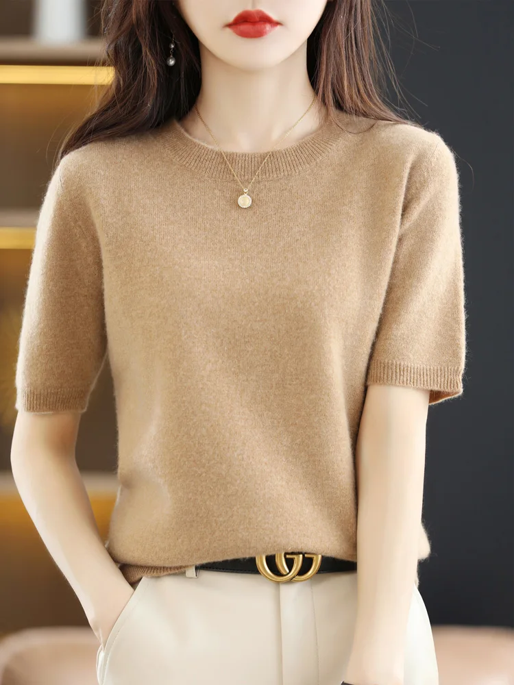 New Short-sleeved Knitwear Women O-neck T-shirt Wool Cotton Blend Pullover Vest Sprig Summer Bottoming Tops Sweater Solid Soft - Image 25