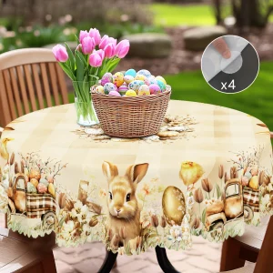 1 Piece of Easter Round Tablecloth, Available in 5 Sizes, Featuring Cute Bunny and Baby Chick Designs Paired with Painted Eggs, Plaid Truck Full of Spring Bouquets and Wreaths Wrapped Around Gilded Egg Decorations, Round Printed Tablecloth with Embossed Edges, Easter Spring Garden Tablecloth Decorat