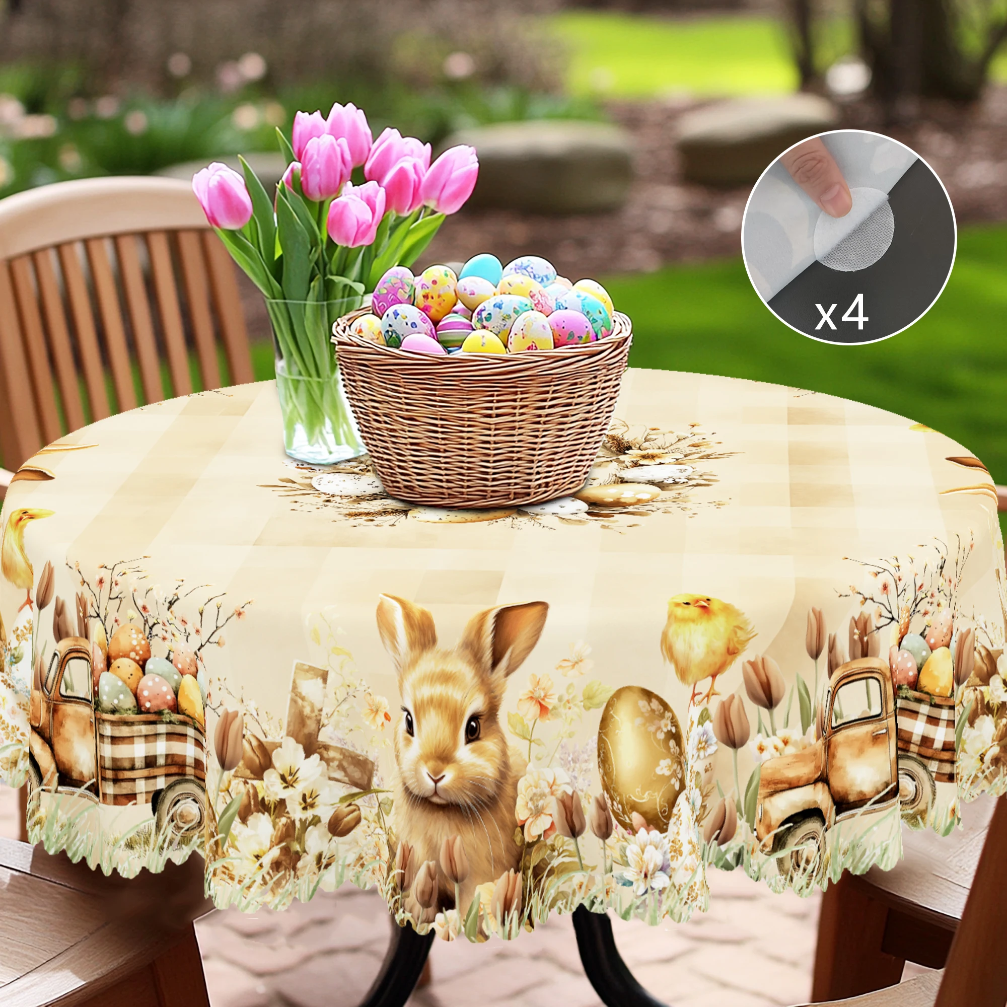 1 Piece of Easter Round Tablecloth, Available in 5 Sizes, Featuring Cute Bunny and Baby Chick Designs Paired with Painted Eggs, Plaid Truck Full of Spring Bouquets and Wreaths Wrapped Around Gilded Egg Decorations, Round Printed Tablecloth with Embossed Edges, Easter Spring Garden Tablecloth Decorat - الصورة 4