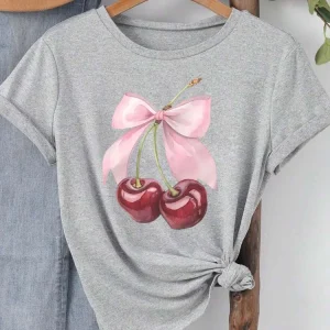 Fashion Cherry Print Women T-Shirt Short Sleeve Crew Neck Casual Tops for Summer Spring Women's Clothing Tops Tees