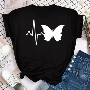 New Fashion Women T-shirt Colorful Butterfly Petal Print Short Sleeve and Round Neck Cute Graphic Tee Shirts Female Tops Clothin
