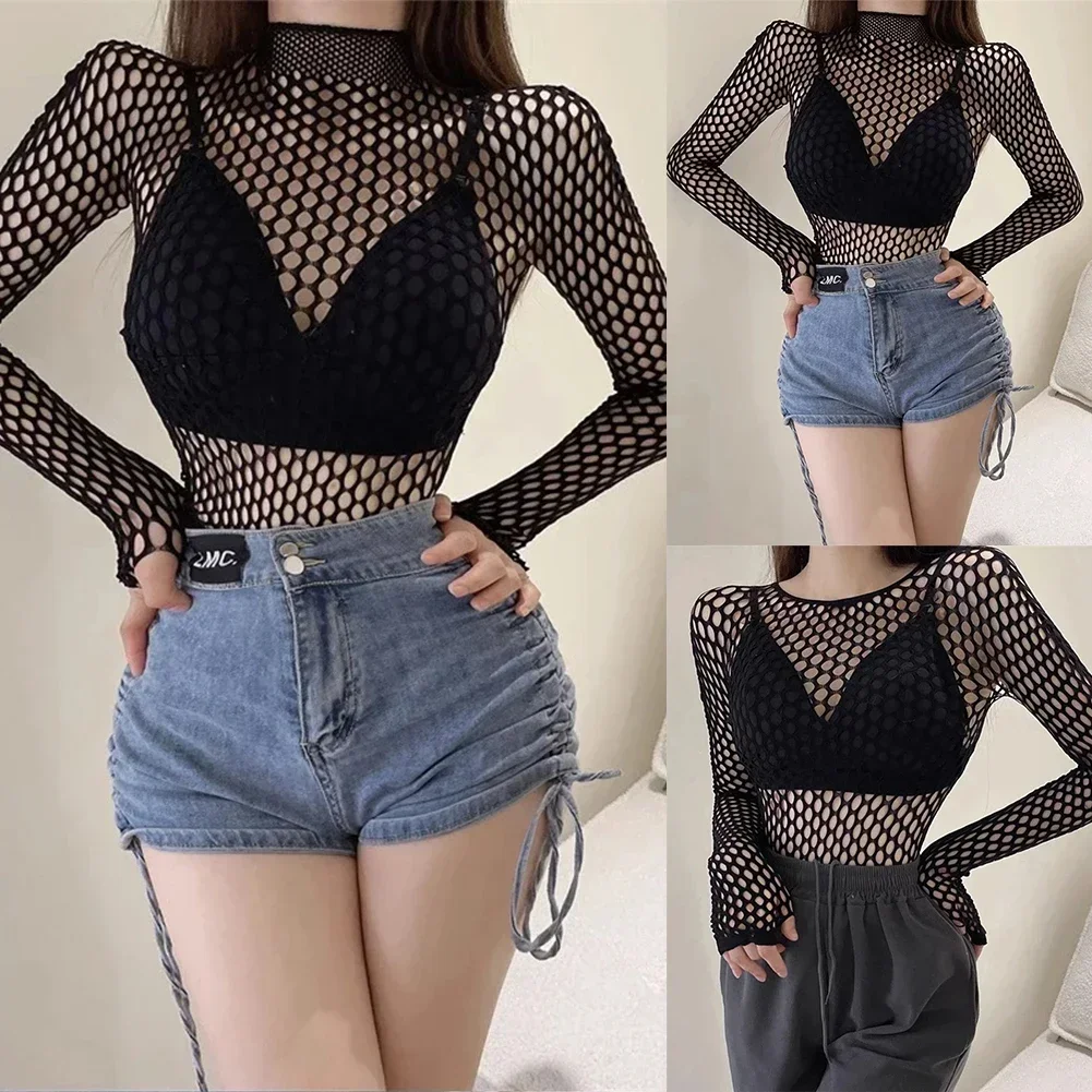 Womens Sexy Mesh Long Sleeve Fishnets Tops Fun Fashion Slim Fit Tops Hollow Out See Through Loose Female T-shirts Crop soft Top - الصورة 6