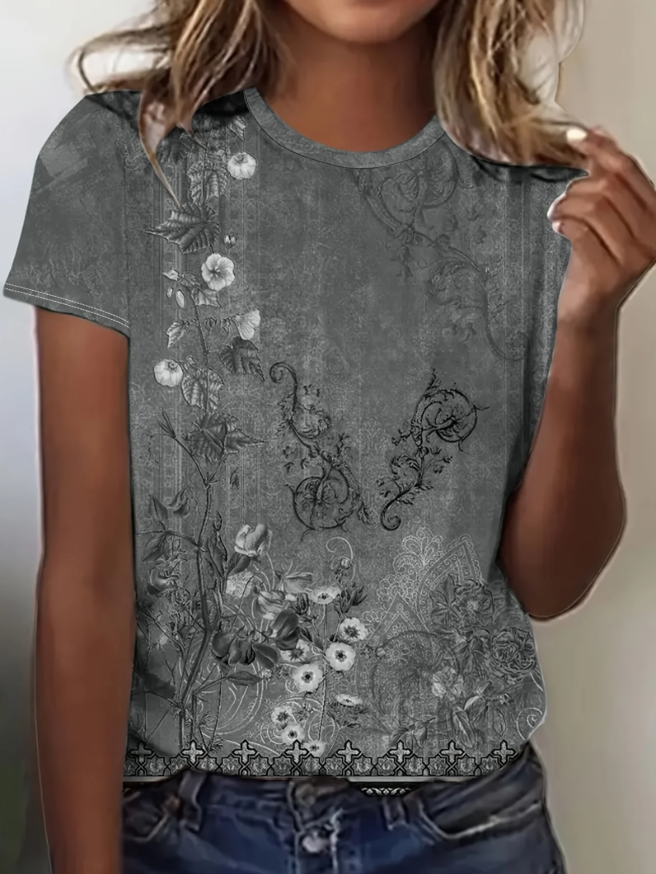 Women's Tee - Vintage Floral Lace Pattern Graphic, Elegant Retro Print Design for Casual Daily Wear - Image 4