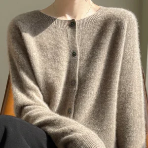 Women's Sweater Cardigans 100% Merino Wool Knitwear Raglan Sleeve Cashmere O-neck Solid Autumn Winter Casual Comfortable Tops
