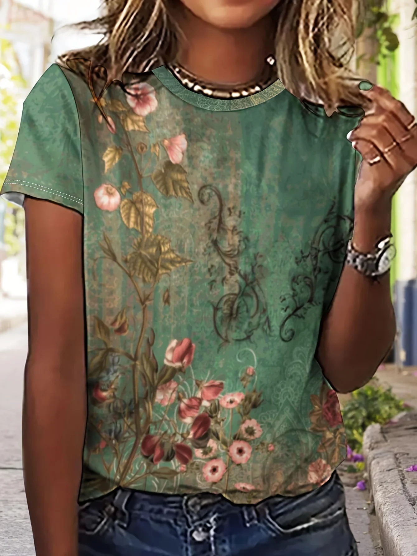 Women's Tee - Vintage Floral Lace Pattern Graphic, Elegant Retro Print Design for Casual Daily Wear - Image 5