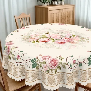 1 Piece Floral Round Tablecloth, Available in 5 Sizes, Vintage Floral Pattern Printed Tablecloth, Embossed Edge Craftsmanship, Spring Garden Tablecloth Decoration, Suitable for Daily Home Kitchen and Patio Use, Easter Decoration, Spring Decoration