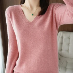 Women's Sweater 2025 Autumn Winter Knitted Pullovers V-neck Slim Fit Bottoming Shirt Solid Soft Knitwear Jumpers Basic Sweaters