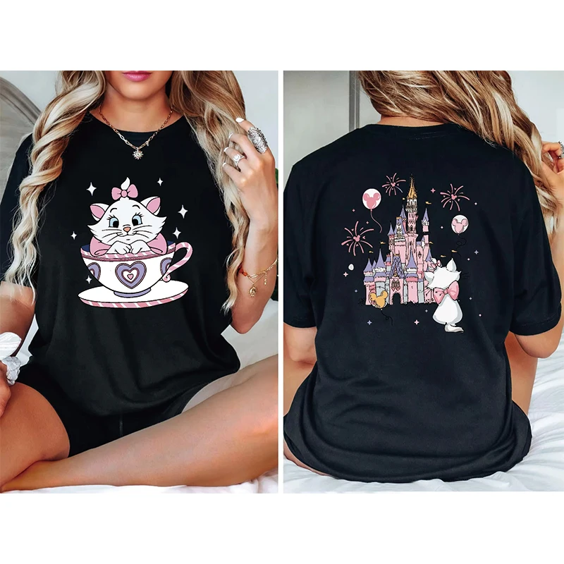 2025 Summer New The Aristocats Cartoon Anime Printed T-shirt Women's Fashion Casual T-shirt Mary Cat Crazy Teacup Party Shirt - الصورة 6