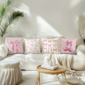 Pink bow cherry pattern printed pillowcase, soft and comfortable, sofa cushion cover, suitable for all kinds of rooms and places