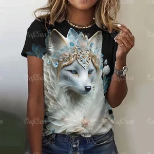 New T-shirt For Women Wolf Print Tees O Neck Loose Short Sleeve Blouse Female Fashion Animal Graphic Tops Harajuku Streetwear