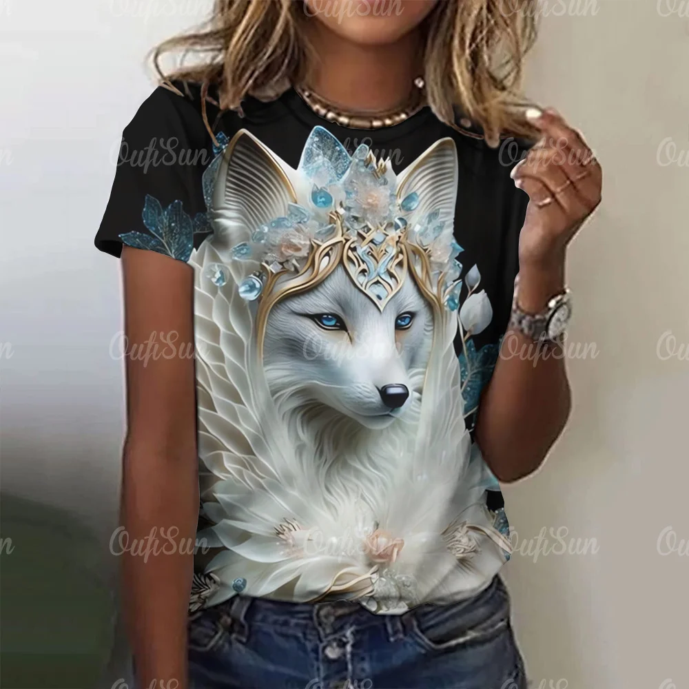 New T-shirt For Women Wolf Print Tees O Neck Loose Short Sleeve Blouse Female Fashion Animal Graphic Tops Harajuku Streetwear - الصورة 9