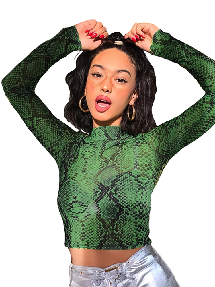 Casual Green Snake Print T Shirt Women Mesh Top Long Sleeve Transparent Snakeskin Female T-shirt High Neck Crop Tops - الصورة 7