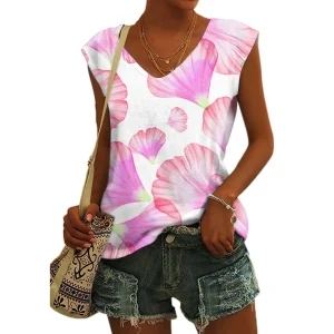 Women's Basic T-shirts Blue Flower Printed Breathable V Neck Cap Sleeves Tank Tops Vintage Summer Beach Loose Fit Tees Tops