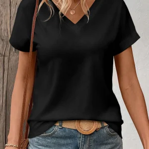 Women's Solid Color V-Neck T-Shirt - Oversized Short-Sleeve, Curved Hem, Soft Fabric, Available in Black, Gray & Navy