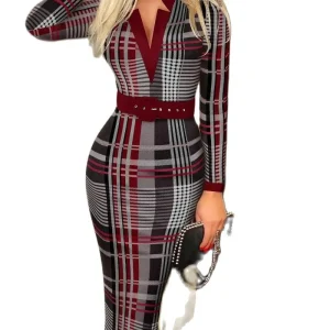 Women's Sexy Geometric Pattern V-Neck Midi Pencil Dress with Belt, Long Sleeve Knit Bodycon Dress, Suitable for All Seasons