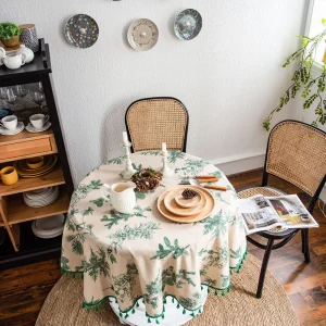 Green Leaves Print Round Tablecloth Cotton Linen Boho Table Cloth with Tassels for Kitchen Restaurant Christmas Party Decoration