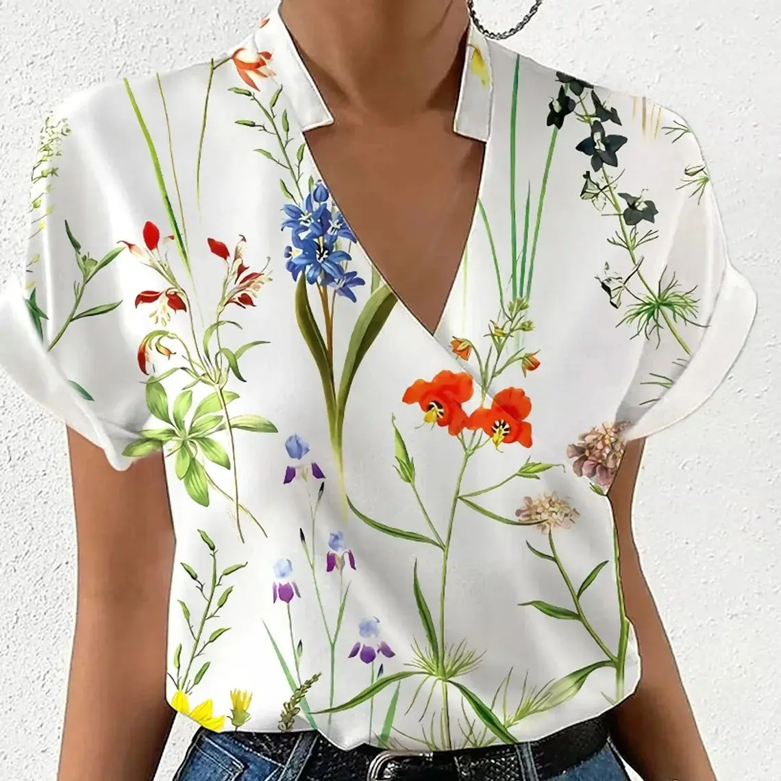 Elegant Blouse Printed Short Sleeve Shirts 2024 Summer Office Lady Cross V-Neck Flower Shirt S-XXL - Image 4