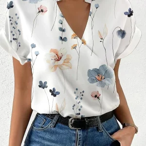 Elegant Blouse Printed Short Sleeve Shirts 2024 Summer Office Lady Cross V-Neck Flower Shirt S-XXL